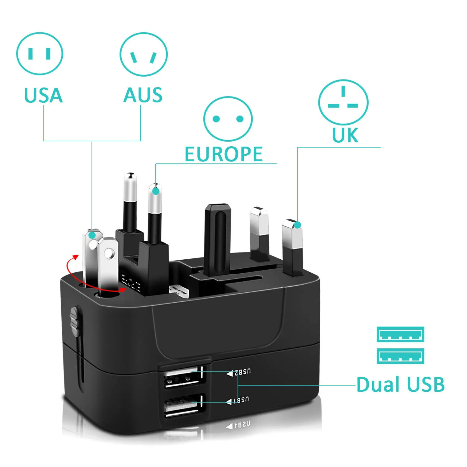 Универсальный дорожный адаптер для зарядного устройства с 2 USB портами Европа
