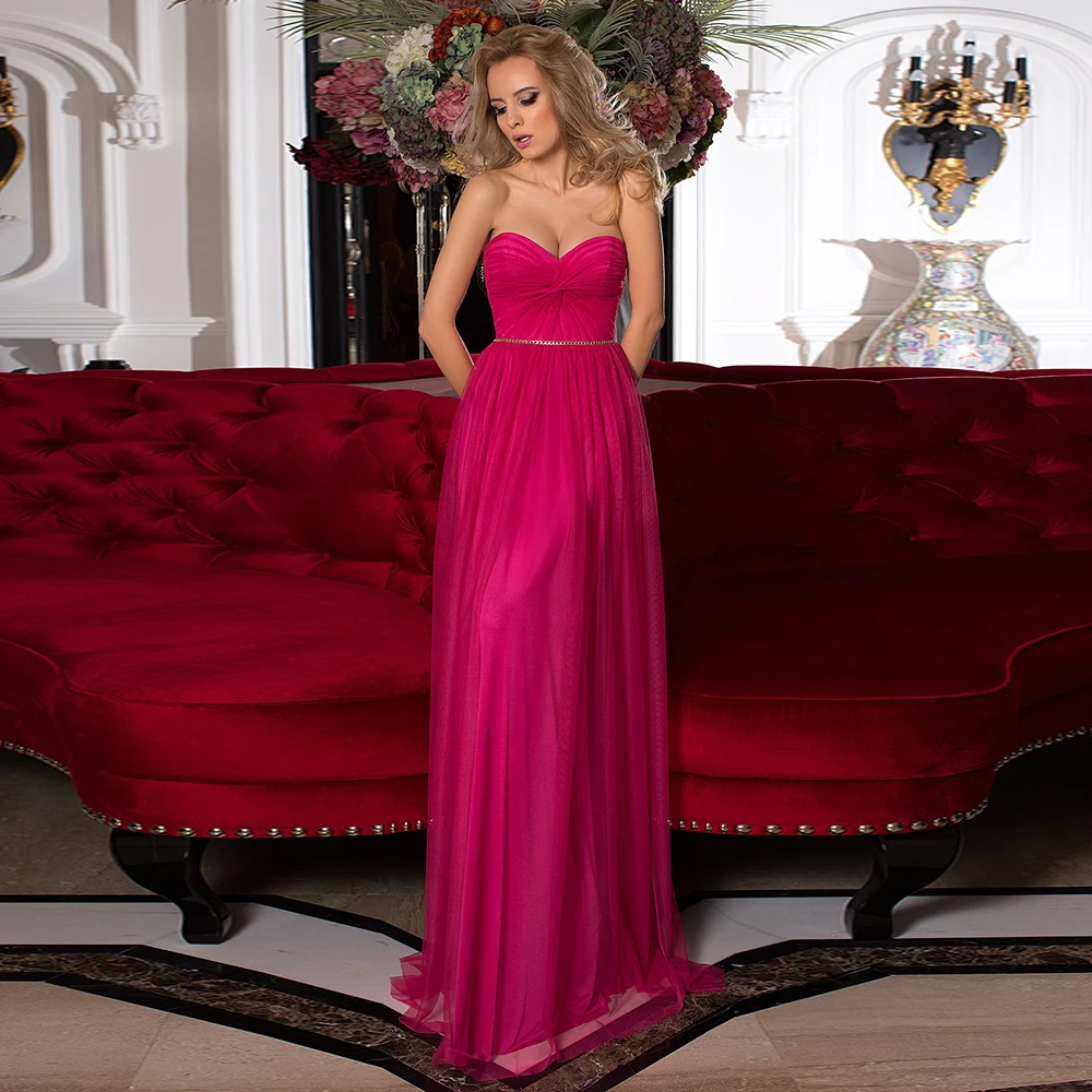 

Strapless Elegant Long Formal Evening Dresses For Woman With Sashe A Line Floor Length Pleat Party Gown Lace Up Back Robe Soriee