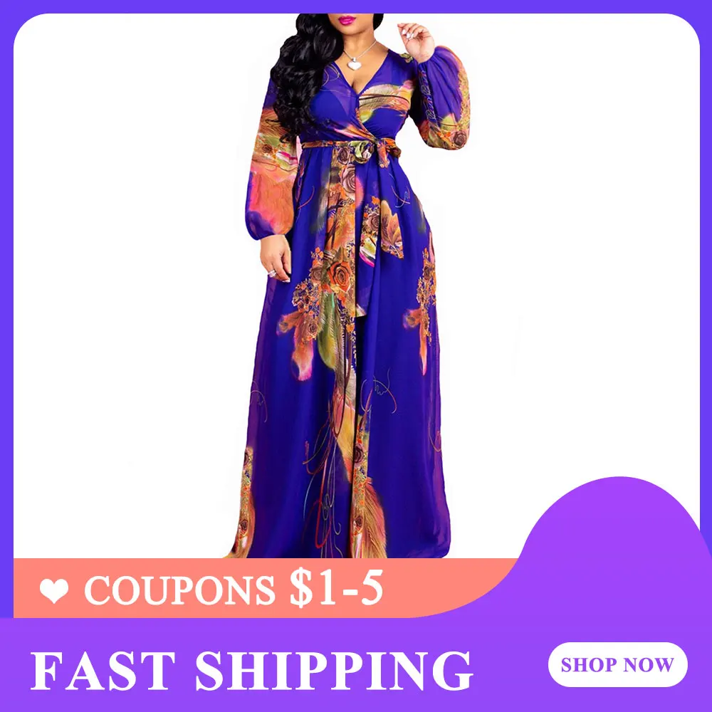 Женское длинное шифоновое платье с синим цветочным принтом Элегантное летнее