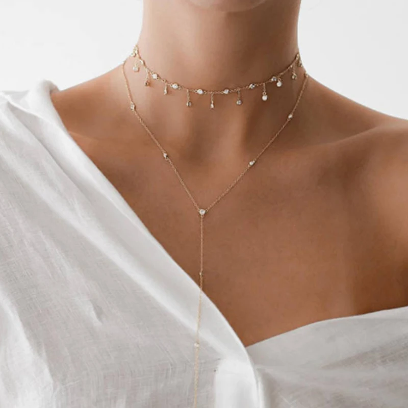 Женский чокер с фианитами элегантный золотого и серебряного цвета подвеской в