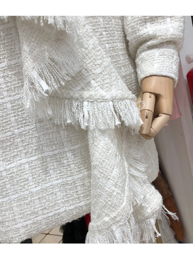 

Free Shipping Contrasting Color Frills V-neck Frills Fringe Waist-packed Tweed Dress Women's Fall New Fashion Catwalk