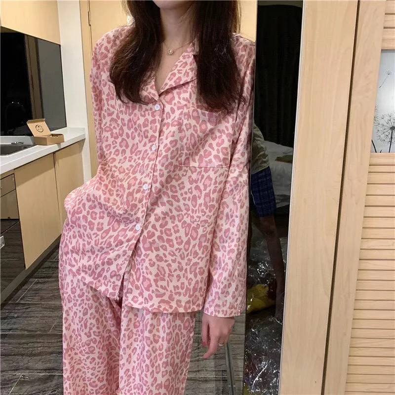 

Fashion Women Print Pajamas Set Pjs 2021 Casual Loose Turn-down Collar Long Sleeve Tops + Long Pants 2PCS Suit Sleepwear Pajama