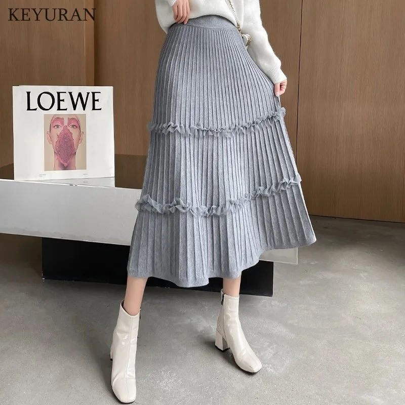 2021 Autumn Winter Women Knitted Skirt Korean Casual Ruffles Solid Gray A Line High Waist Pleated Midi Long Female Ladies | Женская