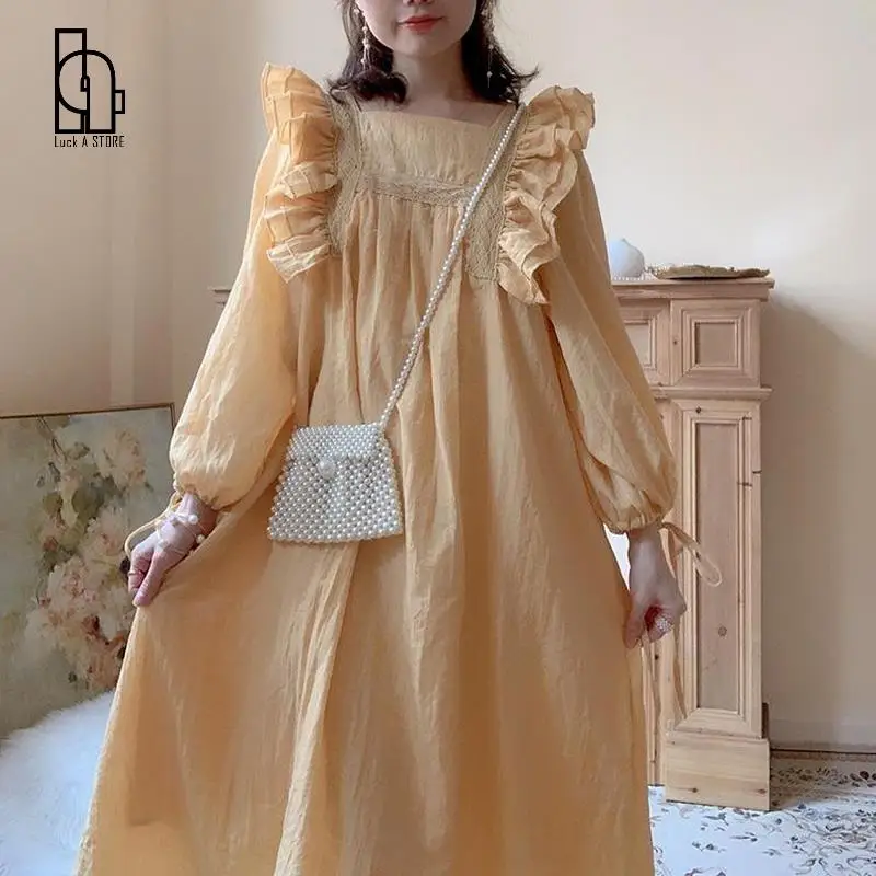 Autumn Fairy Kawaii Dress Women Long Sleeve Yellow Elegant Party Midi Female Casual Korean High Waist Designer 2021 | Женская одежда