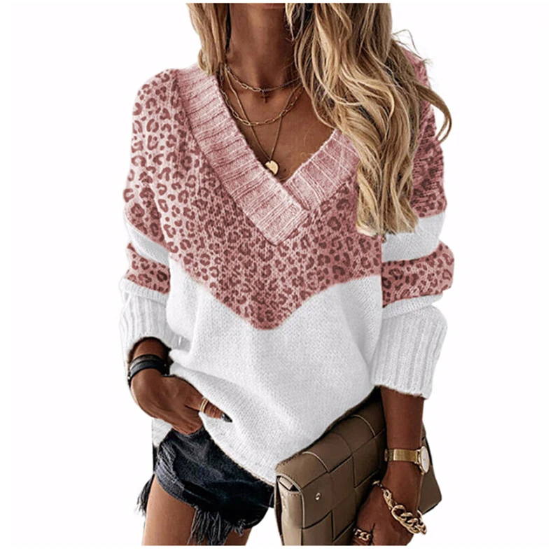 

QILA Women's Sweater 2021 New Color Matching Striped Knitted Autumn Winter Leopard Print V-neck Pullover Top