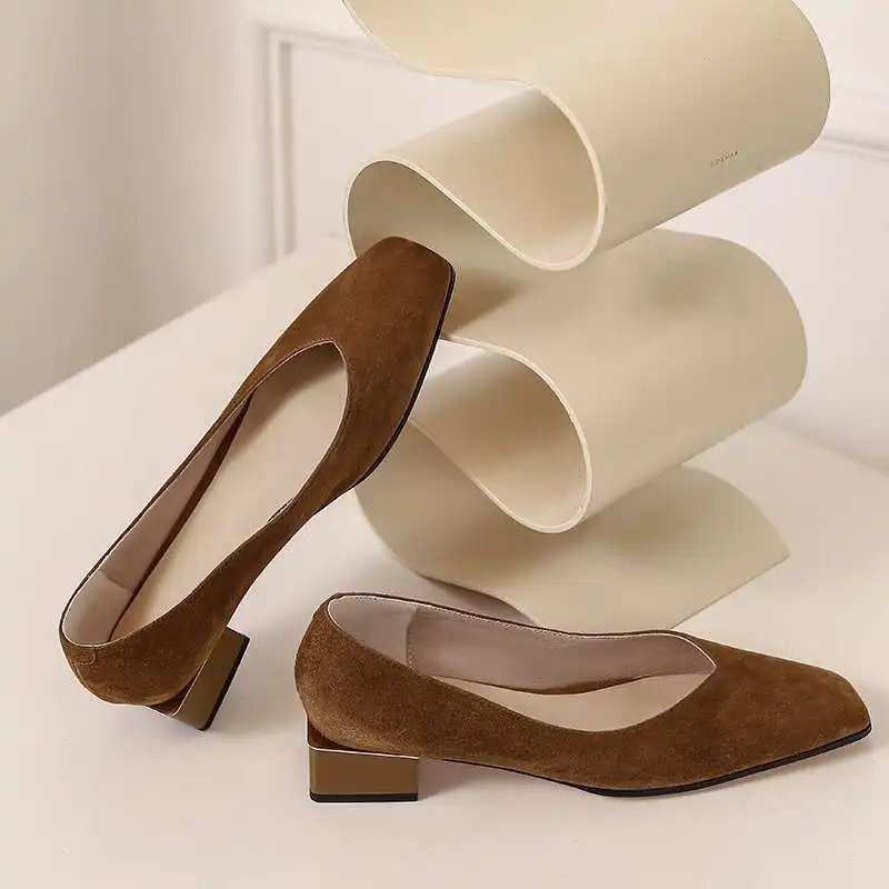 

Krazing Pot new sheep suede square toe low heel European style simple design solid shallow slip on retro fashion women pumps L20