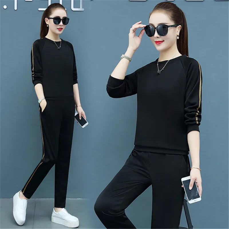 Женский спортивный костюм 2019 Осень Зима Плюс Размер Свободный двухсекционный