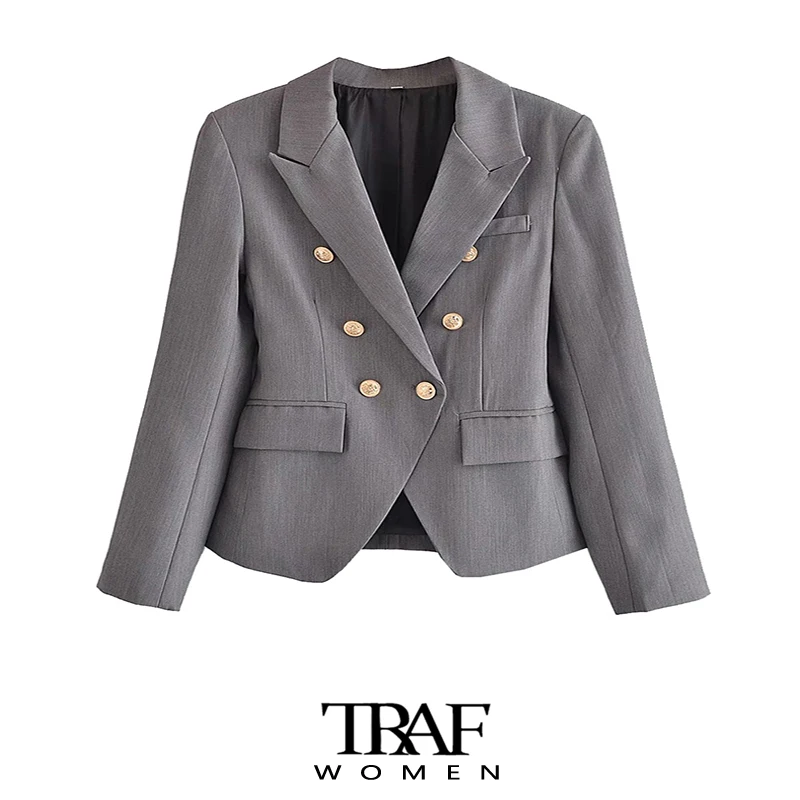 

Женский двубортный Блейзер TRAF Za, винтажный пиджак с длинными рукавами и карманами, верхняя одежда для офиса