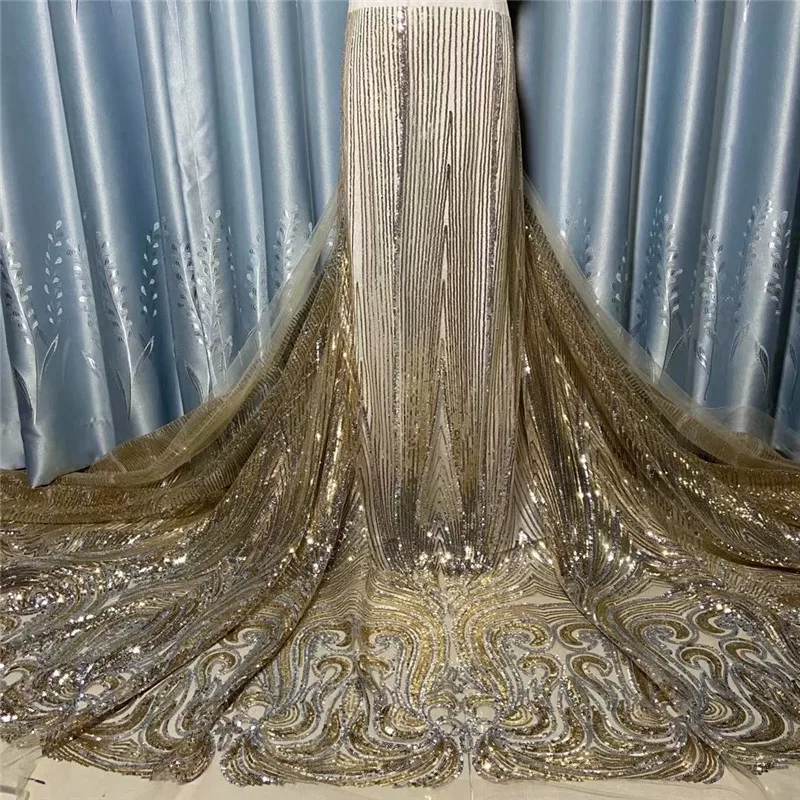 

2020 High Quality Noble Gold Nigerian African Sequins Lace Fabric Embroidery French Tulle Lace Material For Wedding Dress