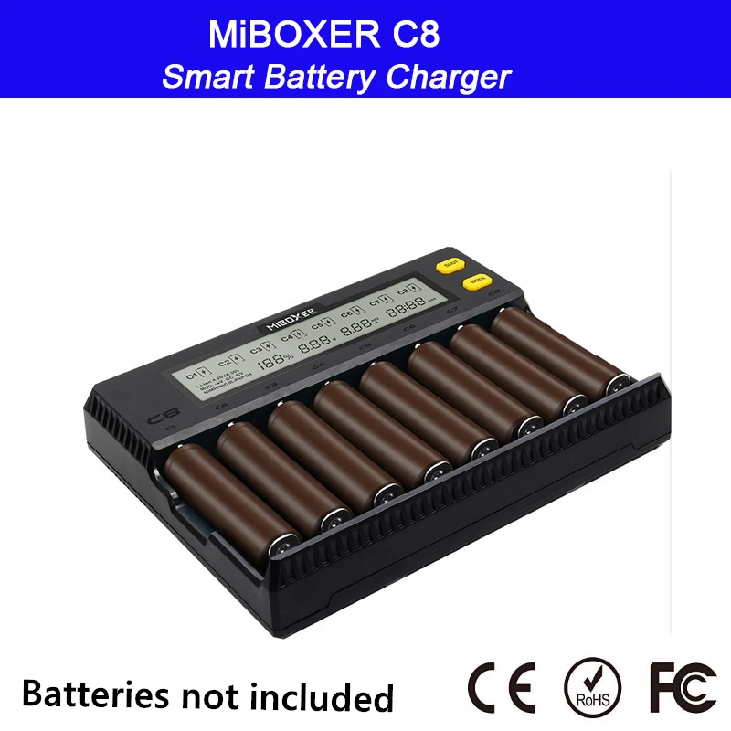 Умное зарядное устройство MiBOXER C8 8 слотов ЖК-дисплей для Li-ion LiFePO4 Ni-MH Ni-Cd AA 21700 20700 26650