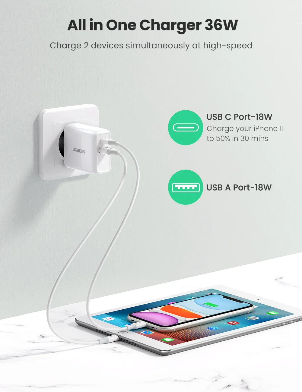 UGREEN PD36W USB Charger Quick Charge 4.0 3.0 Fast Type C Charger for iPhone 13 12 Xiaomi Samsung QC 3.0 4.0 Phone Charger