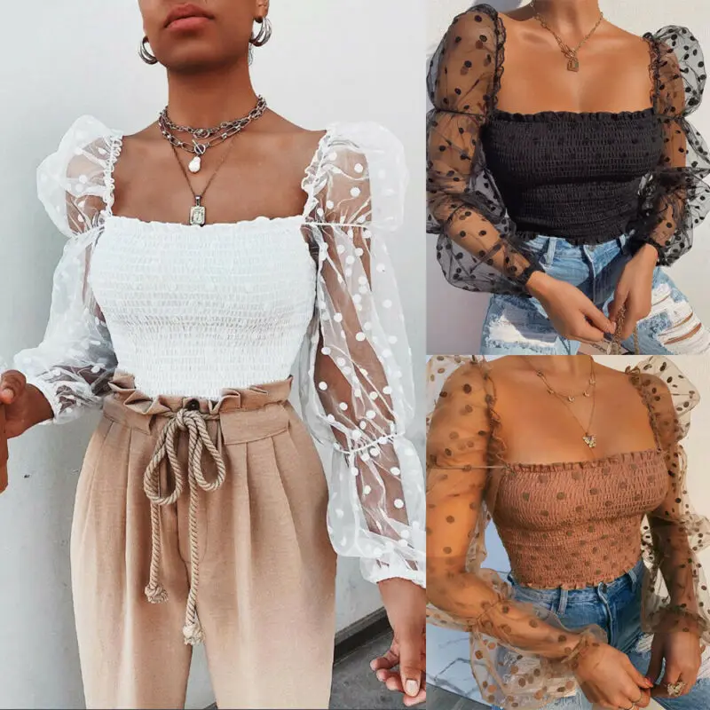 Женский короткий топ с пышными оборками прозрачная Сетчатая футболка составного