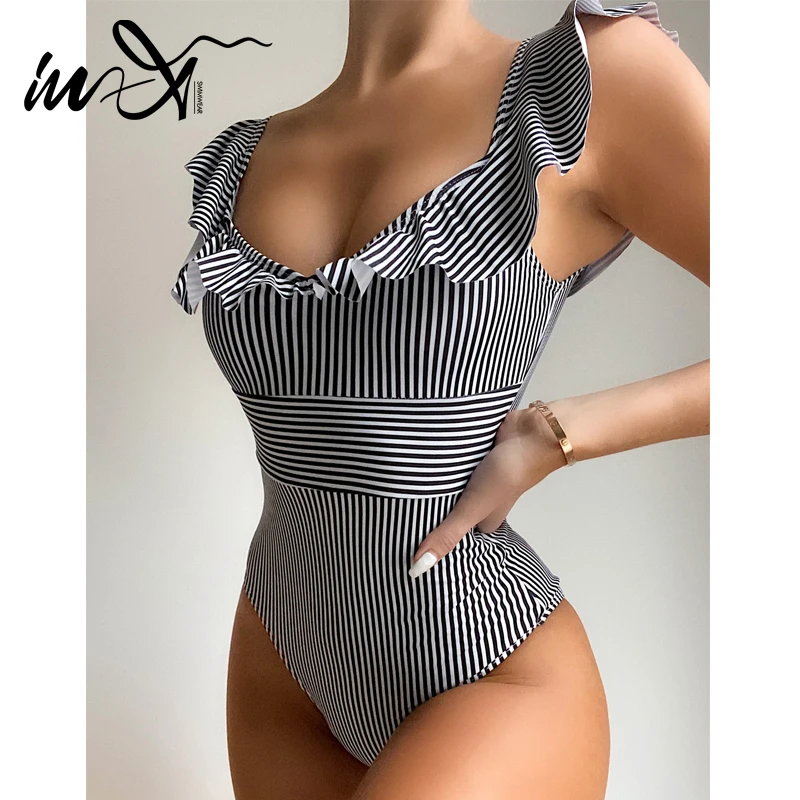 Женский сплошной купальник с оборками In X полосатый 2021 женский купальный костюм