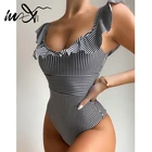 Женский сплошной купальник с оборками In-X, полосатый купальник 2021, женский купальный костюм, винтажный Монокини, спортивный купальный костюм, пляжная одежда