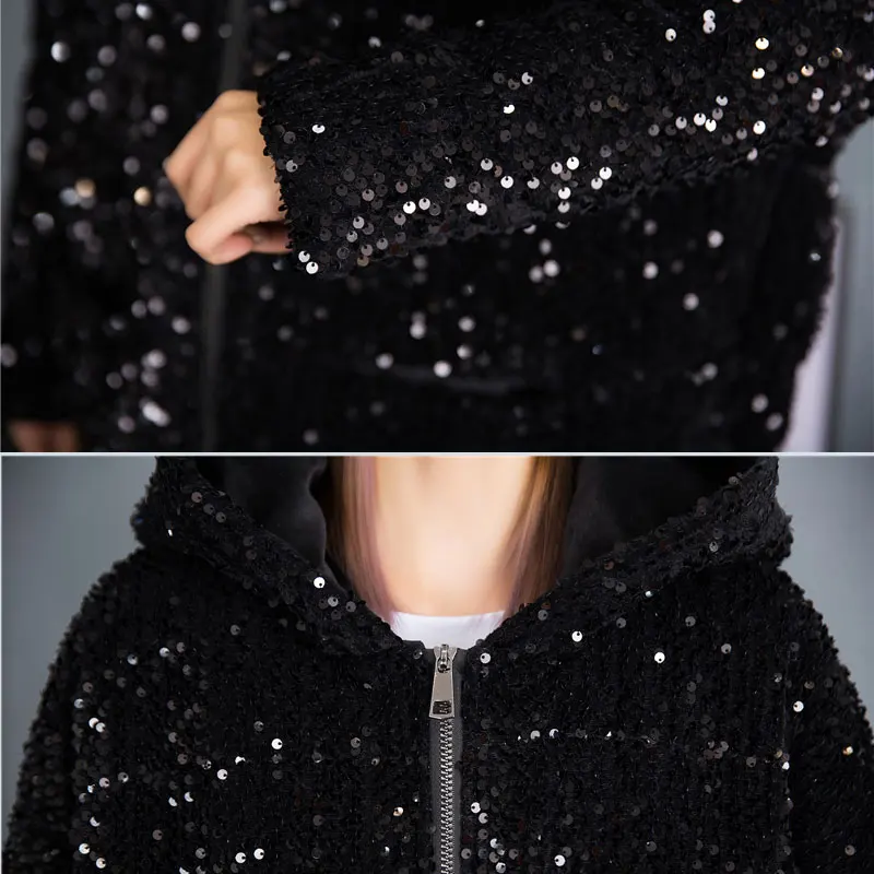 2022 Winter  Cotton Coat Women Sequins Long-sleeved Parka Jjacket Fashion Hooded Thick Warm Long Coat Streetwear 292