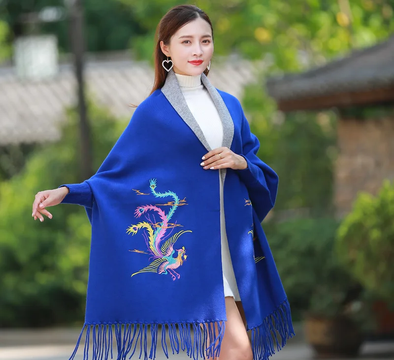 

Women Wearable Winter Poncho With Sleeve Shawls Wraps Ladies Pashmina Shawl Thicken Scarf Stoles Warm Embroidery Ponchos Capes