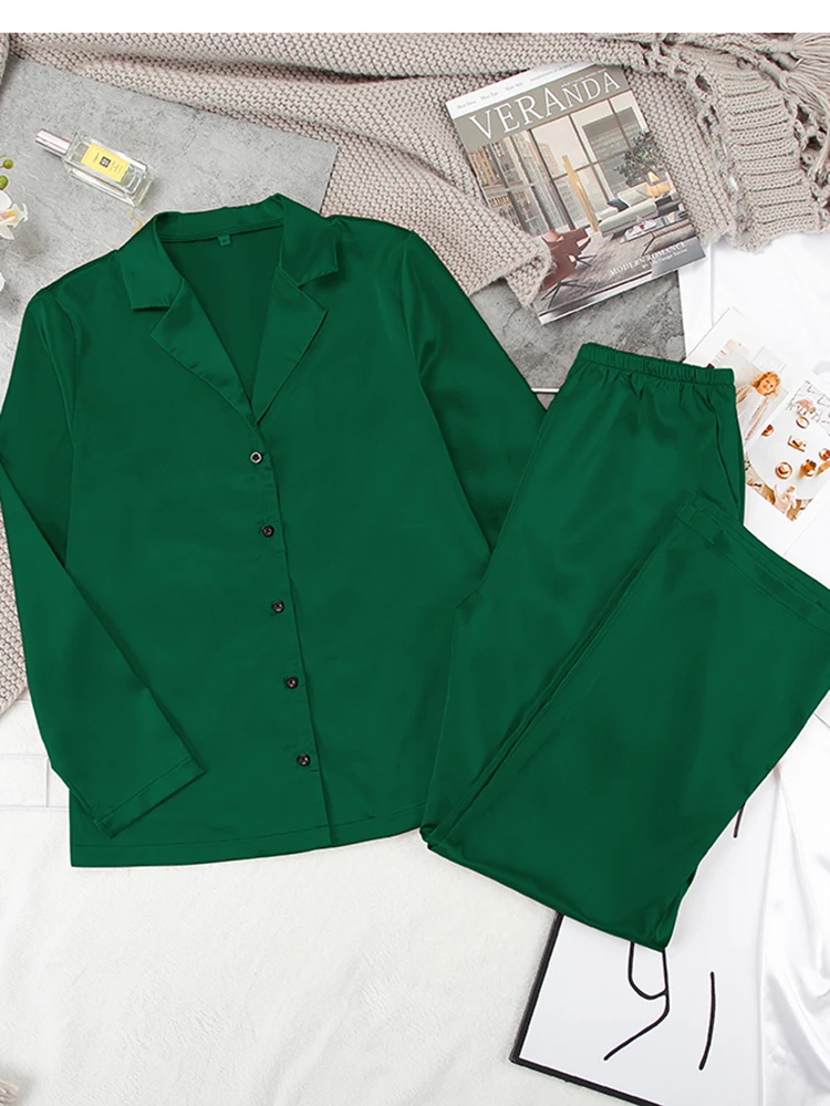 

Solid Long Sleeve Pajamas Woman Home Suit For Women Sleepwear Satin Clothing Sets Solid Spring Nightgown Elegant Pajama Set 2021