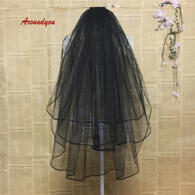 

3 Tier Short Wedding Veil with Comb Black Three Layer Bride Bridal Veil