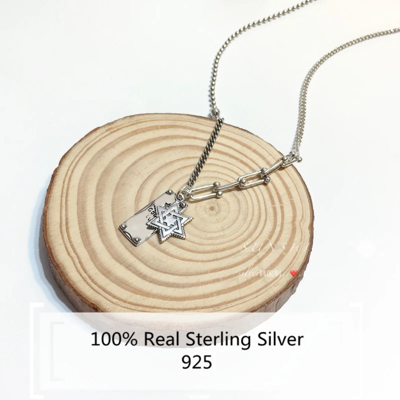 

100% 925 Sterling Silver Necklace Star of David Pendant Hardwear Sweater Chain Vintage Hexameron Zilveren Ketting for Men Couple