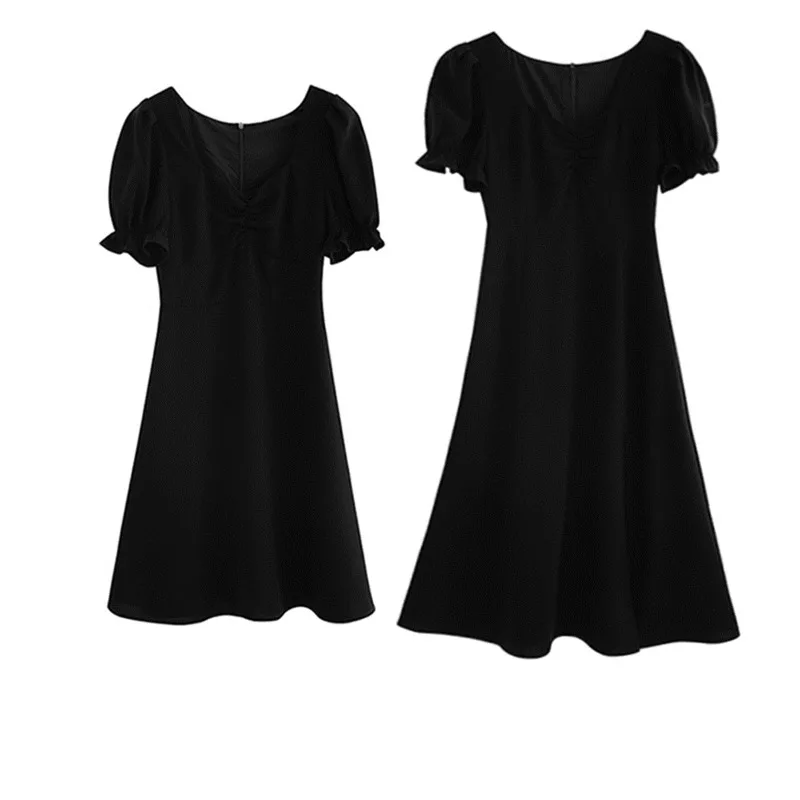 

2021 Design New Women's Summer Chiffon Dresses Short Puff Sleeve Square Collar Solid Spilt Long Dress Casual Streetwear Vestidos