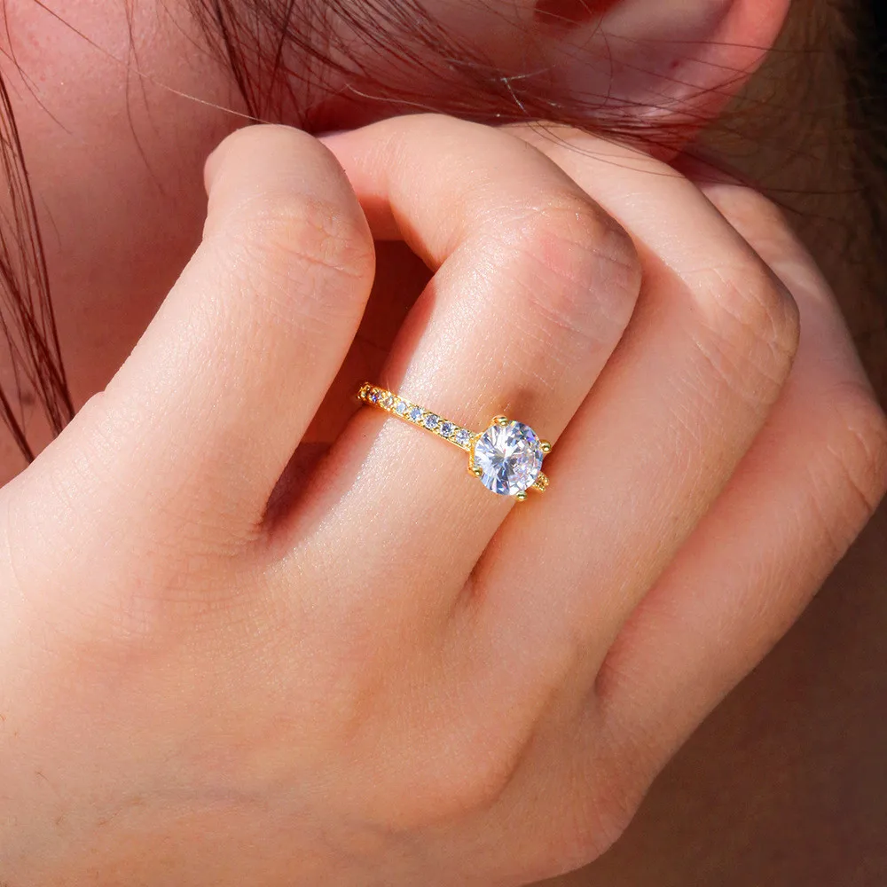 Роскошные женские кристально-белый циркон кольцо Классические желтые золотые