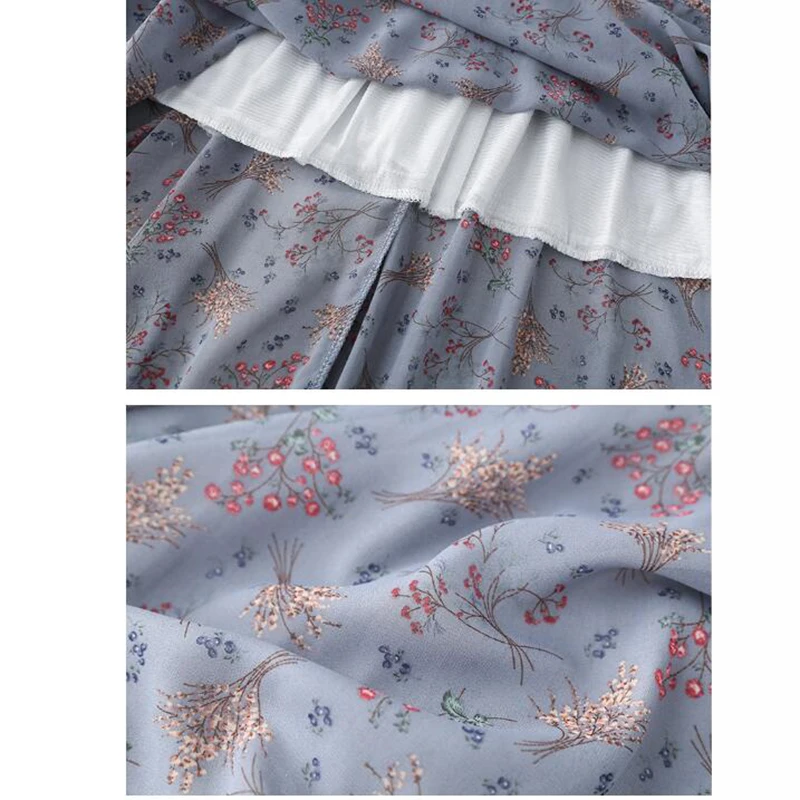 

2020 Spring Summer Women Floral Print Chiffon Dress Slim Elegant Boho Beach Midi Dress Vintage V-neck Ruffled pleated Dresses
