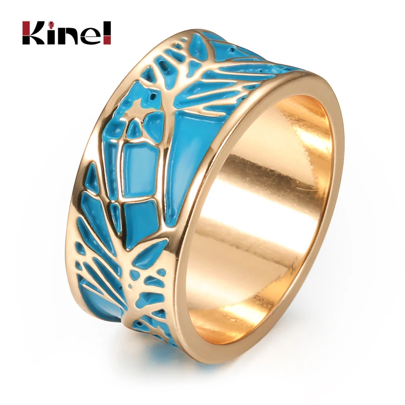 Kinel Hot Lucky Flower Tree Rings Fashion Gold Boho Blue Enamel Wide Ring For Woman Party Vintage Jewelry 2020 New