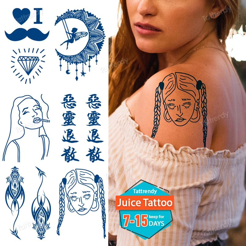 

Waterproof Temporary Tattoos Juice Ink Long Lasting Blue Fake Tattoo Sticker Arm Sleeve Breast Body Art Painting Moon Gun Girl