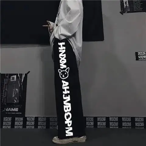 Уличные прямые брюки в стиле хип-хоп с высокой талией и принтом осень 2021