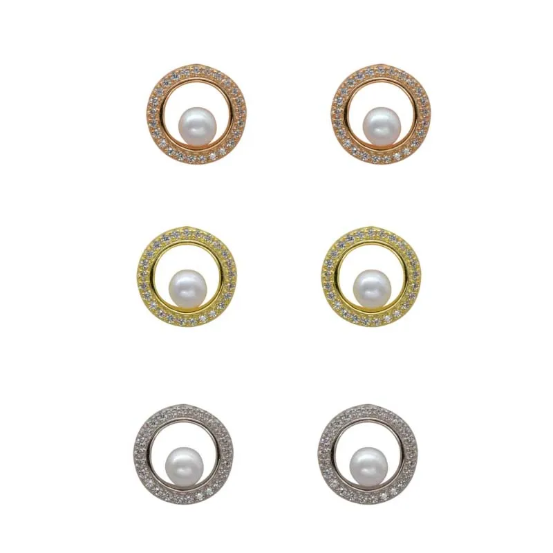 

2021 new fashion exquisite luxury high-end temperament small earrings round inlaid zirconium freshwater pearl earrings for women