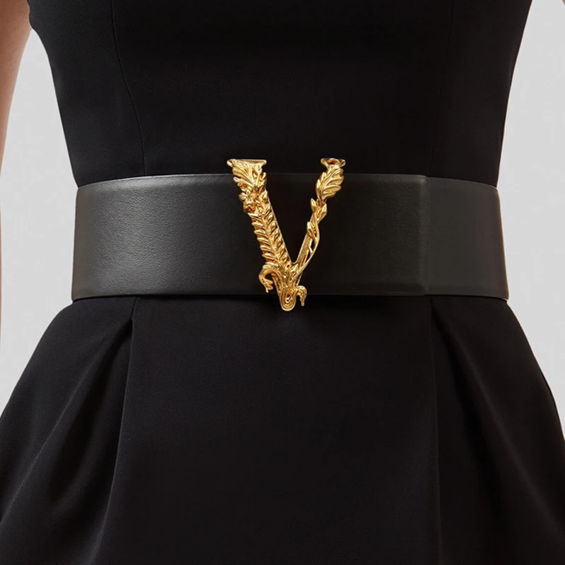 Cinturón ancho de piel de vaca con letras en V para mujer, abrigo decorativo con sello de cintura ancha, cinturón de cuero