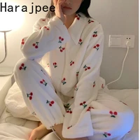 harajpee women pajamas 2021 winter ladies japanese sweet temperament cherry embroidered loose thick coral fleece two piece set