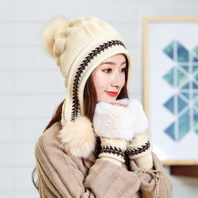 Женский трикотажный комплект из шапки и перчаток зимняя модная теплая шерстяная