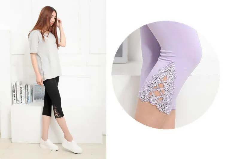 Женские кружевные укороченные леггинсы длиной 3/4 летние штаны с высокой талией