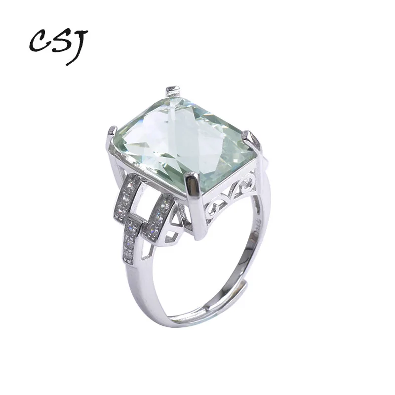 CSJ натуральный зеленый аметист кварц Регулируемые модные кольца 925 пробы серебро