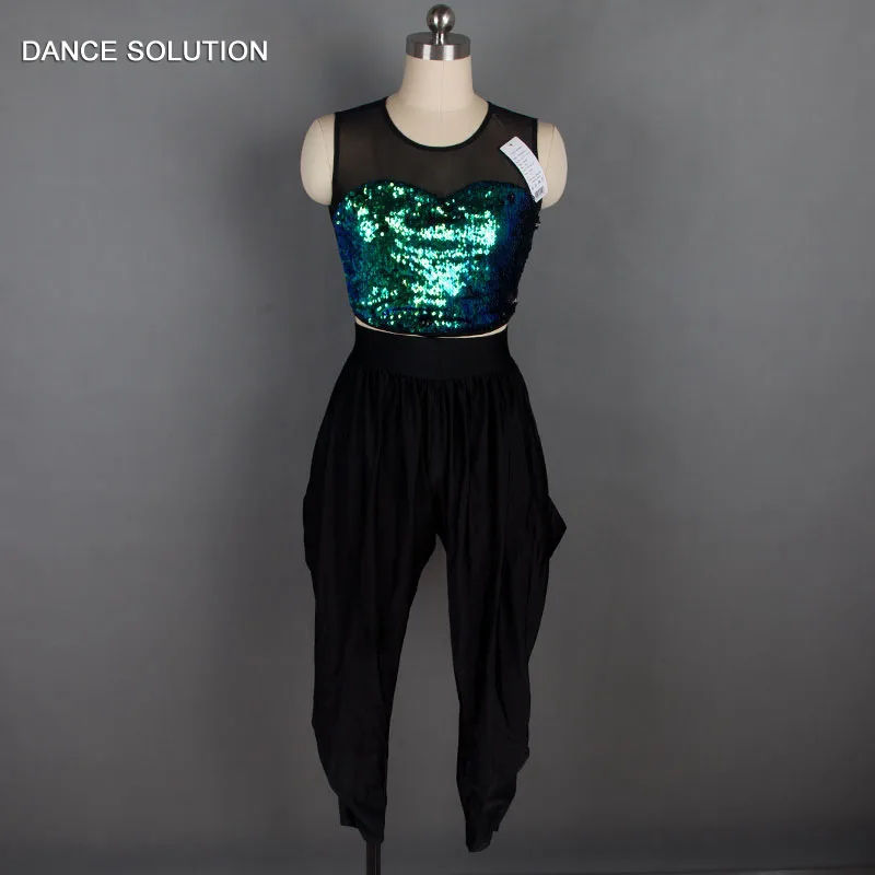 Green with Black Детские и взрослые джазовые танцевальные костюмы, зеленый лиф с блестками, черные штаны-шаровары из спандекса, Одежда для танцев, 18037 - Цвет: Green with Black