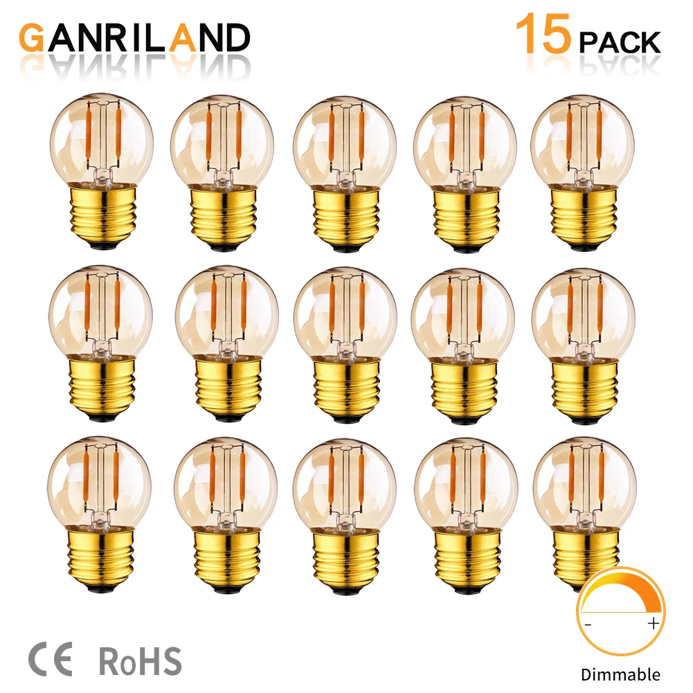 

GANRILAND Gold Dimmable Retro Edison Bulb G40 LED Filament Bulb 110V 220V 1W E27 String Lamp Amber Warm 2200K for Home Bar Shop