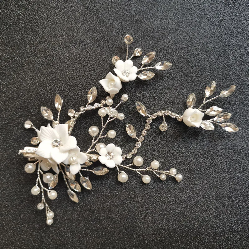 SLBRIDAL Wired Crystal Rhinestone Wedding Ceramic Flower Hair Clip Barrettes Bridal Headdress Accessories Women Jewelry | Украшения и