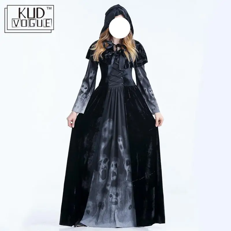 Длинное черное платье в готическом стиле для взрослых на Хэллоуин костюмы с