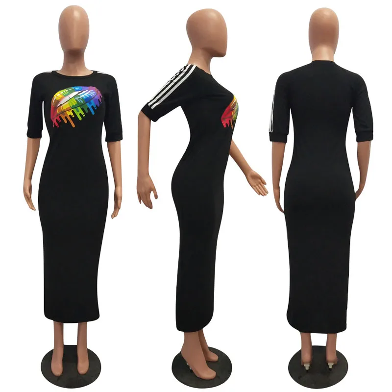 Повседневное Для женщин Bodycon платье летние модные разноцветные радужные губы офсетная печать обхват талии, обхват бедер, ужин платья для Для женщин vestidos mujer