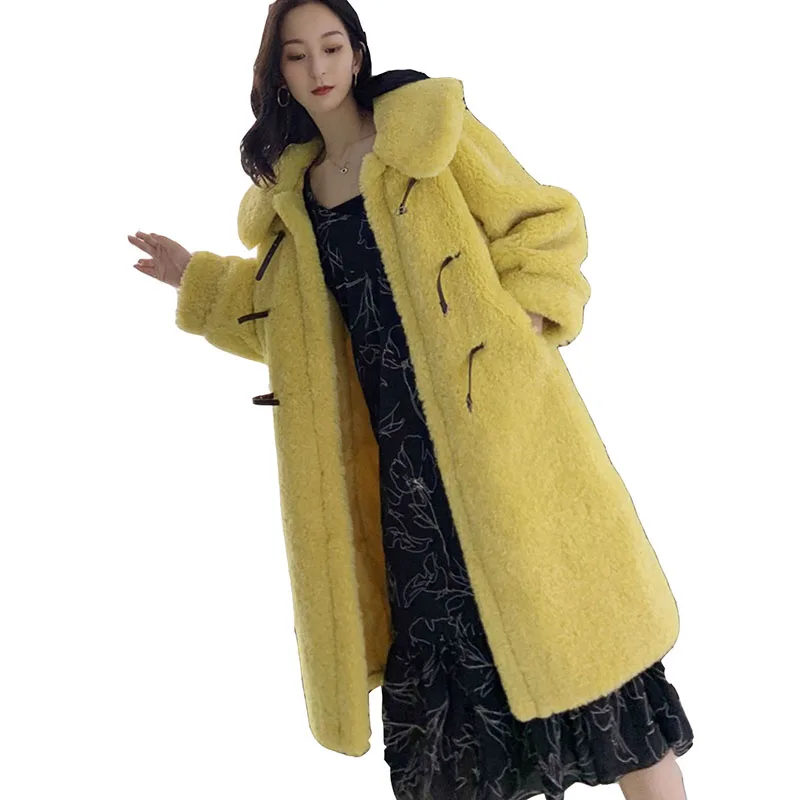 Lamb Wool Real Female Fur Coat 2022 New Winter Casual Thick Warm Yellow Women Fur Coat Real Fur Coat High Quality Parker NBH453