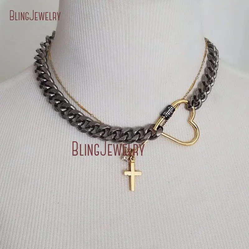 Черное родиевое панцирное ожерелье на цепочке золотое с застежкой в форме сердца