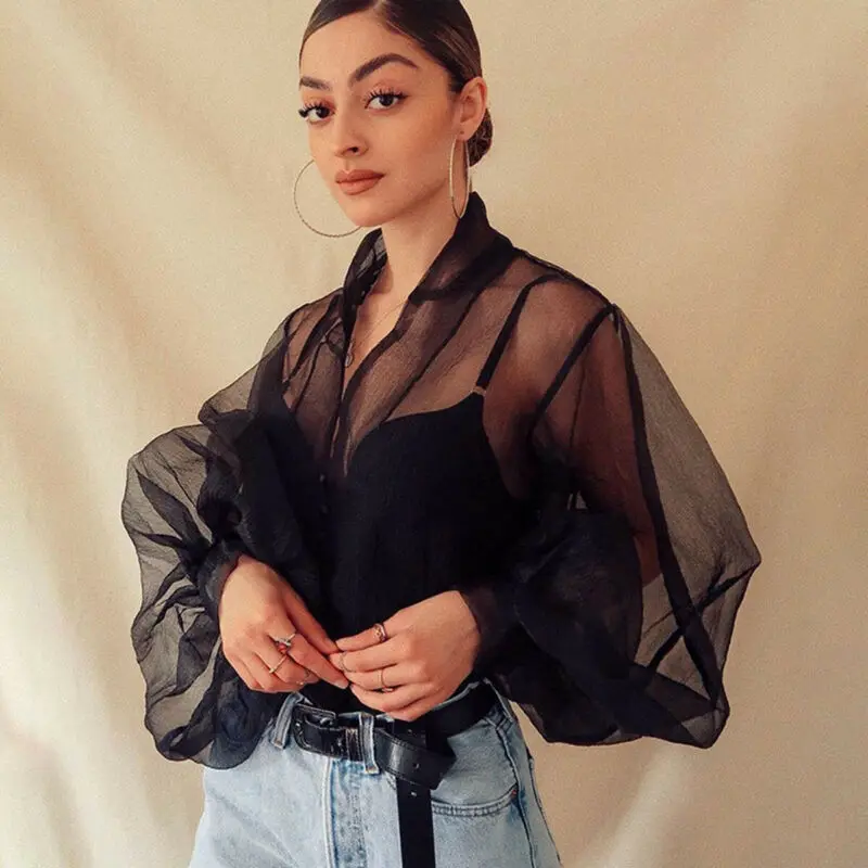 

Summer Women Long Sleeve Tops Casual Mesh Sheer See-through Puff Blouse Shirts