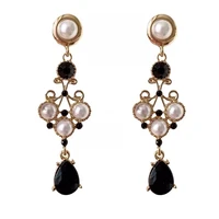 %e3%80%8cblack mandala%e3%80%8dcourt retro baroque fashionable noble pearl water drop black diamond silver pin earrings ear clip