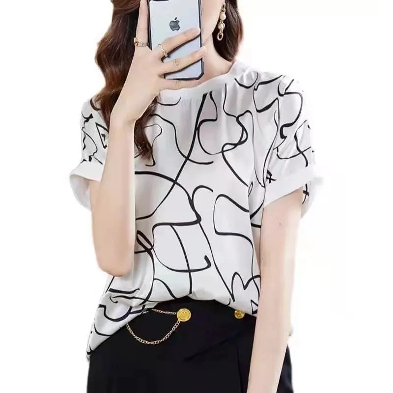 Женская Тонкая шелковая футболка черно-белая с коротким рукавом в Корейском