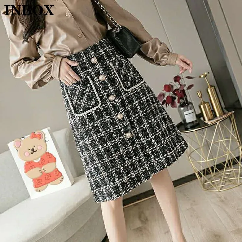 

Юбка INBOX Женская твидовая в клетку, модная офисная трапециевидная до колен, с завышенной талией, с винтажным карманом, в Корейском стиле, зим...