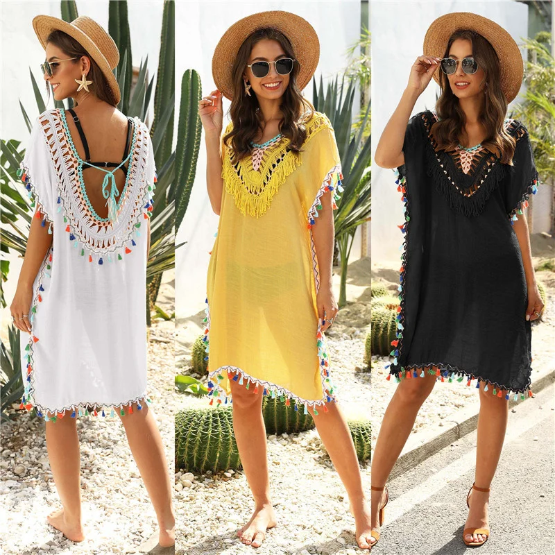 

Woman Beach Cover Up Dress Fringe Tunic Yellow Clothes 2021 Femme Summer Women Tassel Bohemian Women's Swimsuit Cover-Ups Pareos