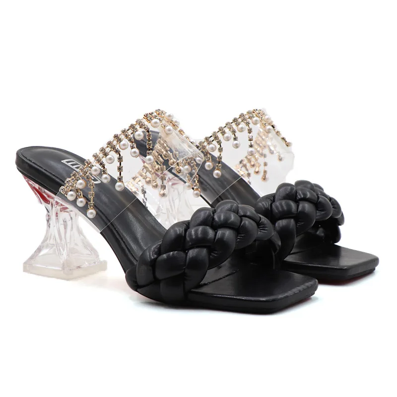 

New Roma Fashion Women Summer Slipper Square Toe Chain Sandals Weave Ladies Party Get-Together Transparent Square Heel hy182