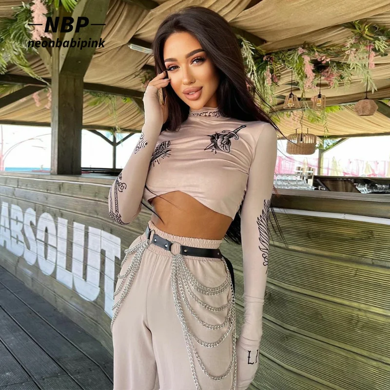 

NEONBABIPINK Sexy Fashion Fitted Graphic T Shirts Street Wear Turtleneck Long Sleeve Crop Tops Clothes for Women N82-BF16