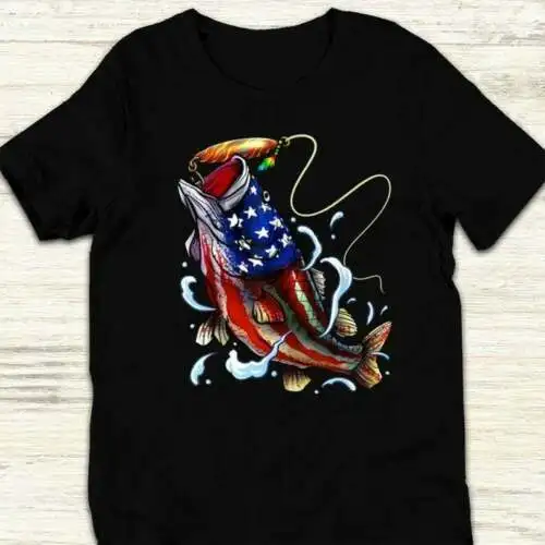 

American Fishing USA Flag 4th of July For Fisherman Unisex Adult Black Men T-Shirt